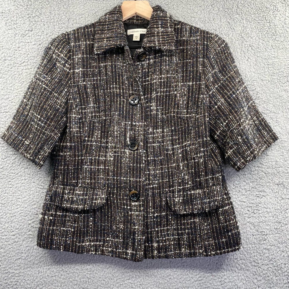 COLDWATER CREEK Short Sleeve Blazer Women's 10 Brown Gray Tweed Jacket